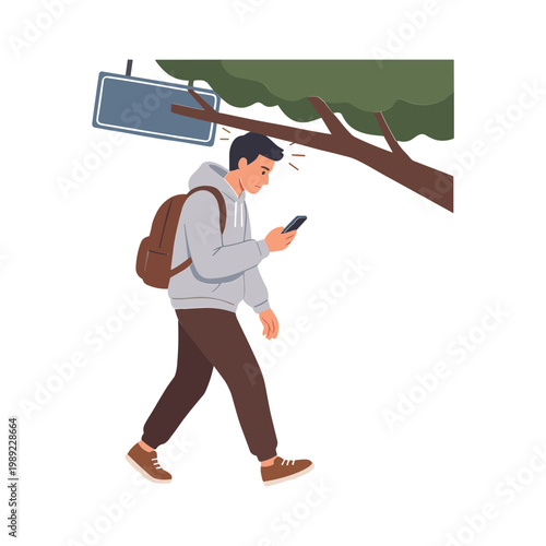 Man walks under tree looking at phone with billboard nearby
