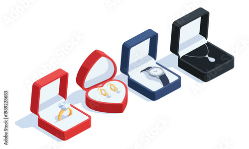 Isometric jewelry collection in open gift boxes isolated on white