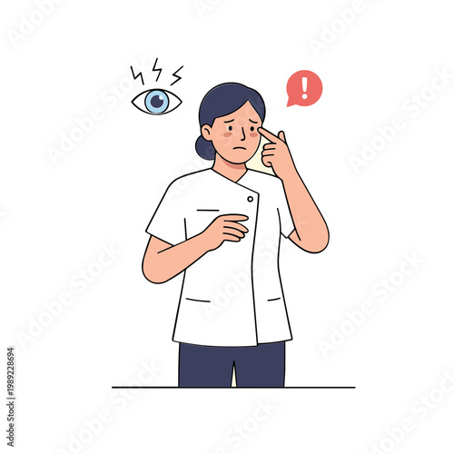 A woman with dark hair wearing a white shirt reacts to eye discomfort.