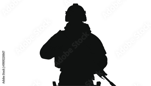 Soldier standing in tactical gear is shown as a solid black silhouette isolated on a white background to represent military service, security personnel, protection, and defensive operations concepts.