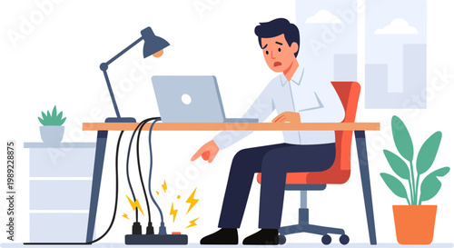 Man sitting at desk shocked by electric shock from laptop
