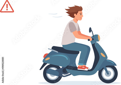 A man rides a blue scooter quickly on a road