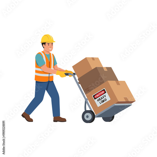 A worker in a hard hat pushes a loaded dolly with heavy fragile boxes.