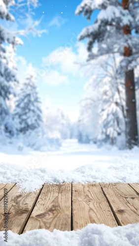 A serene winter scene with a wooden deck overlooking snow-covered trees