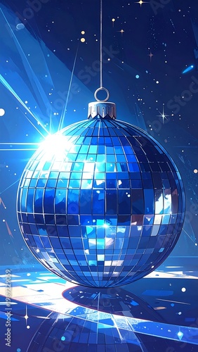 Digitally created, sparkling blue Christmas ornament with bright highlights