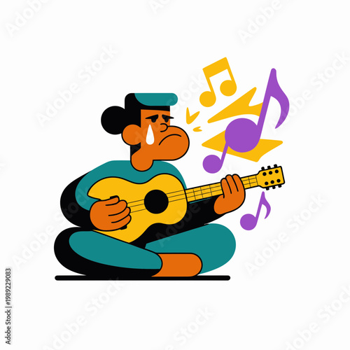 Sad Man Playing Acoustic Guitar with Musical Notes