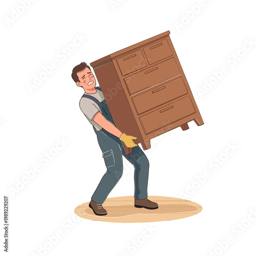 Man lifting large wooden dresser in a warehouse setting with effort