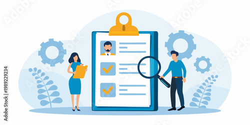 Personnel review and verification process illustrated with a clipboard and magnifying glass