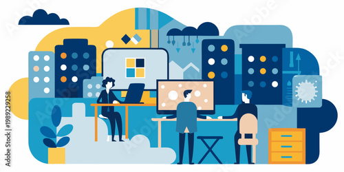 People collaborating in a modern office environment with city backdrop