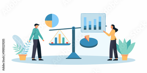 People analyzing data with charts and graphs on a balanced scale