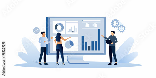 Team analyzes data and charts on a large computer screen