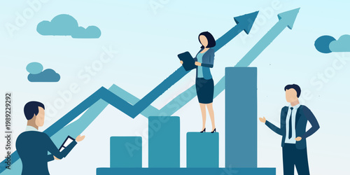 Business professionals climb a rising graph representing growth and success