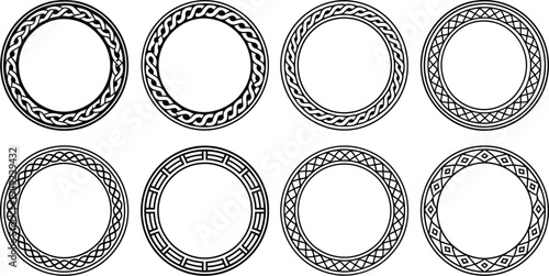 Ornamental round frames featuring traditional Celtic weaving and geometric knotwork patterns isolated on white background for labels and certificate border decoration.