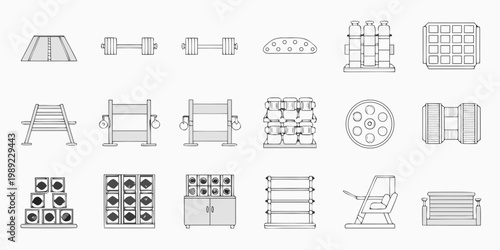 Line art illustration of various gym equipment and fitness tools