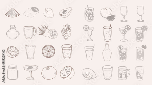 Collection of hand drawn fruits beverages and glassware in a sketch style