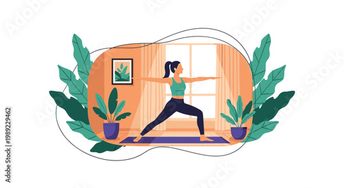 Young woman practicing the warrior yoga pose in a bright living room filled with large green tropical plants and natural light.
