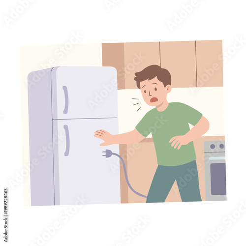 Man shocked by electric refrigerator in modern kitchen suddenly