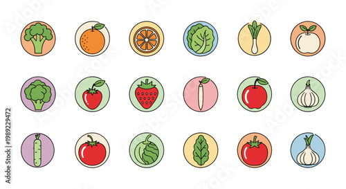 Set of eighteen colorful round icons representing various fruits and vegetables such as broccoli, orange, strawberry, and tomato.