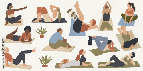 Diverse group of people practicing various yoga poses in a minimalist style