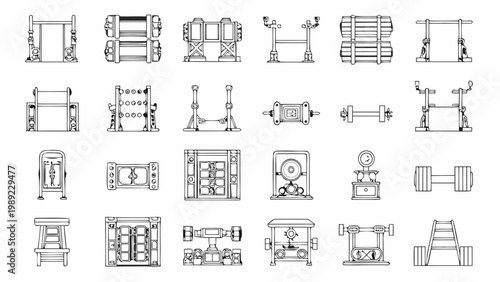 Detailed black and white line drawing of various industrial machinery parts
