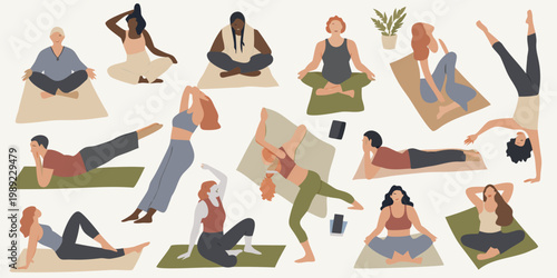 Diverse group of women practicing various yoga poses and wellness activities