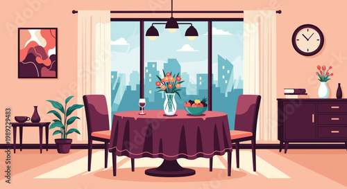 Cozy dining room interior with a set table for two featuring a purple tablecloth, flower vase, and a view of the city skyline.