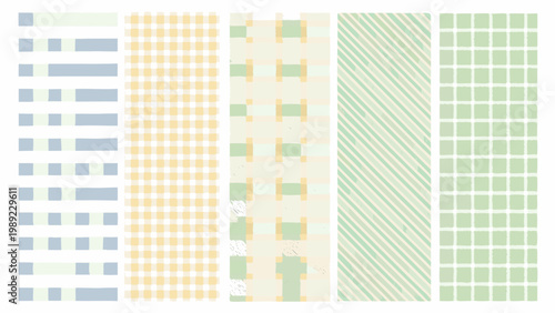 Assorted patterned swatches in shades of blue yellow and green
