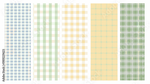 Five vertical bands of different gingham and checkered patterns