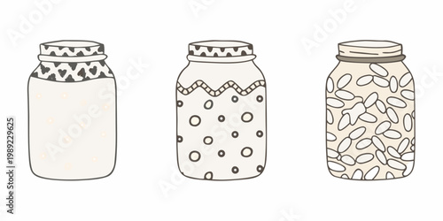 Three illustrated glass jars with unique patterned lids and fillings