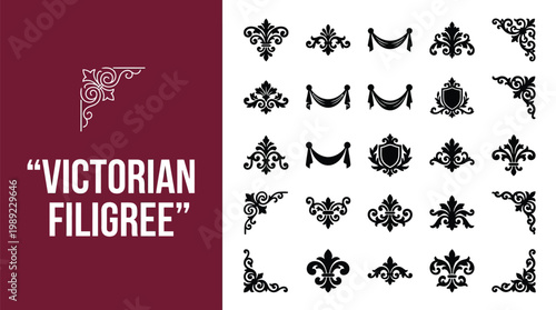 A collection of Victorian filigree designs on a maroon and white background