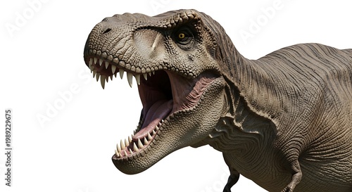 Close-up detailed view of a Tyrannosaurus Rex head with its mouth open, showcasing sharp teeth and scaly skin, isolated on a white background.