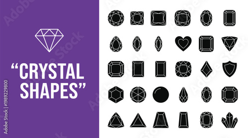A collection of various crystal shapes on a purple and white background