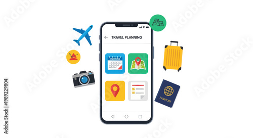 Travel planning icons, smartphone app symbols, tourism vector graphics, travel tools