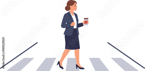 Businesswoman walks across a city street with coffee in hand