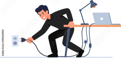 Man in black suit struggles to plug cord into wall socket near desk