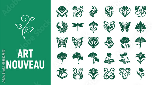 A collection of Art Nouveau style floral and leafy designs and patterns