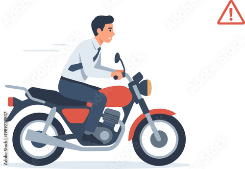 Man riding motorcycle on road with warning sign nearby on urban street