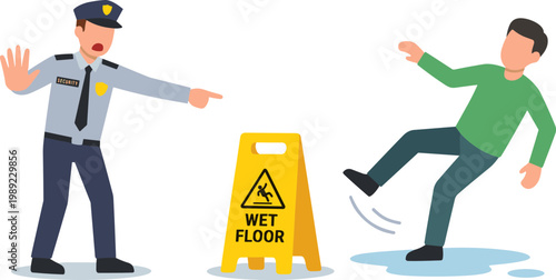 Police officer warning man to avoid wet floor with caution sign