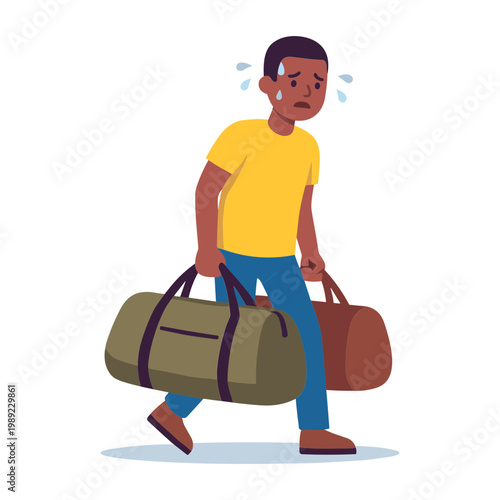 Man walks while carrying luggage with a sweaty face and worried expression