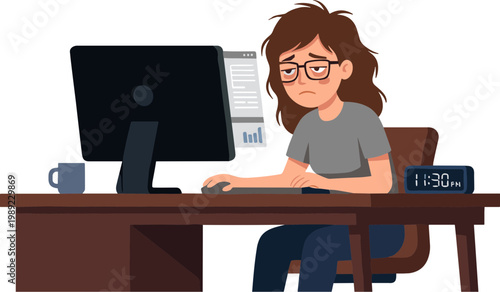 A woman sits at a desk working on a computer with a clock nearby.