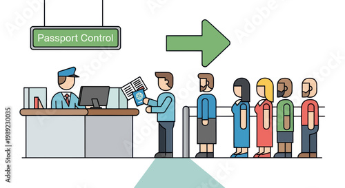 Passport control, immigration queue, airport line, travel illustration, vector graphic