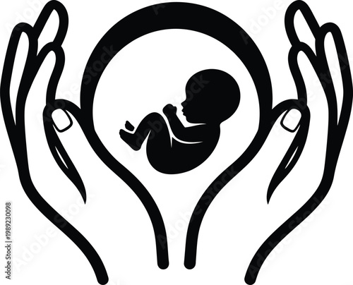 Hands gently cradling a fetal silhouette within a protective circle
