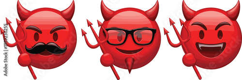 Red devil emoji characters set with horns trident and different facial expressions glossy cartoon style vector illustration