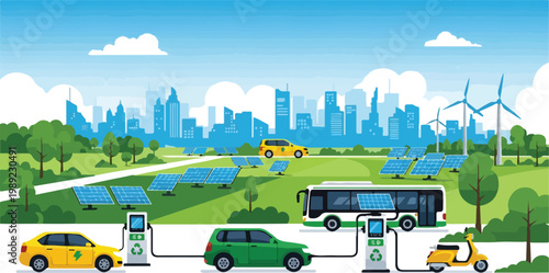 Sustainable green city landscape with electric vehicles charging, renewable energy solar panels and wind turbines, eco-friendly urban transportation vector