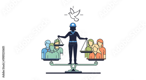 Balancing act, diverse people, scales of justice, equality concept, vector illustration