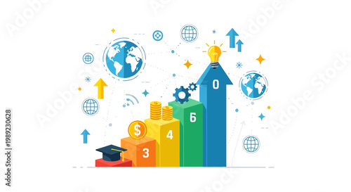 Business growth, finance icons, education symbols, global economy concepts, vector set