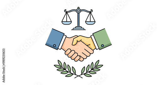 Law, justice, handshake icons, agreement, partnership, scales of justice, olive branch