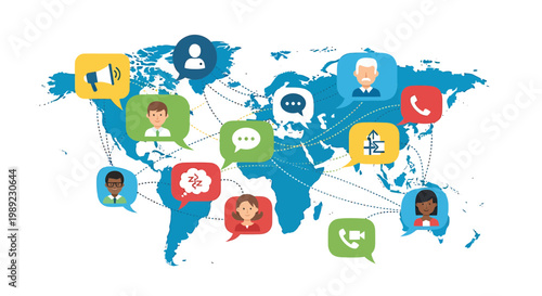 Global Communication, Social Media Icons, World Map, Network Connections, Colorful Vector Illustration