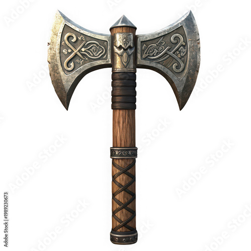 A large ornate battle axe with a wooden handle