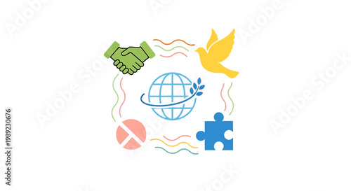 Eco friendly icons, sustainable symbols, global unity graphics, colorful illustrations